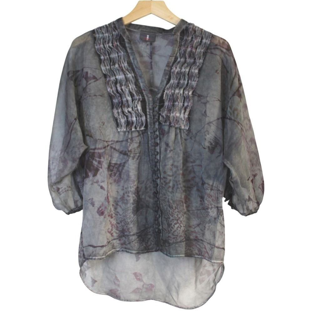 Y2K women's sheer flowy printed gray blouse size S button front lace detail
